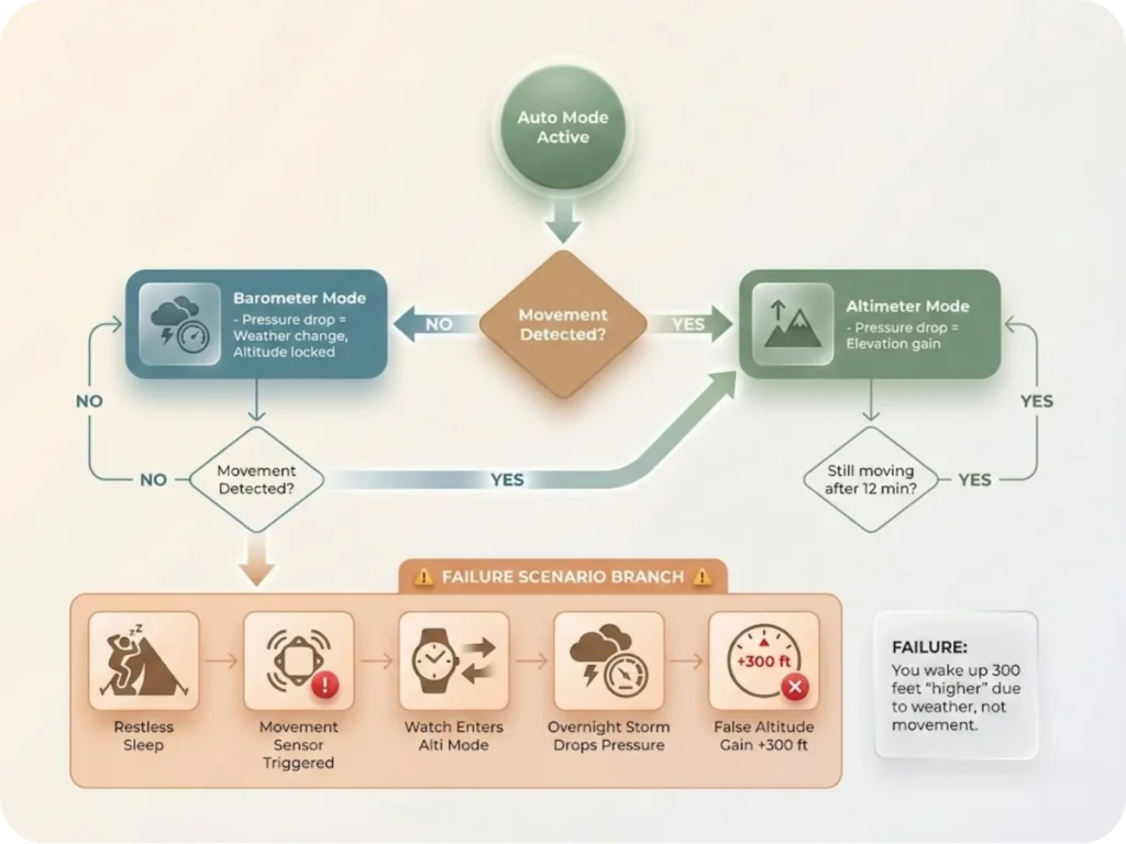 Flowchart showing automatic altimeter/barometer mode decision logic with movement detection and failure scenario during overnight storms.