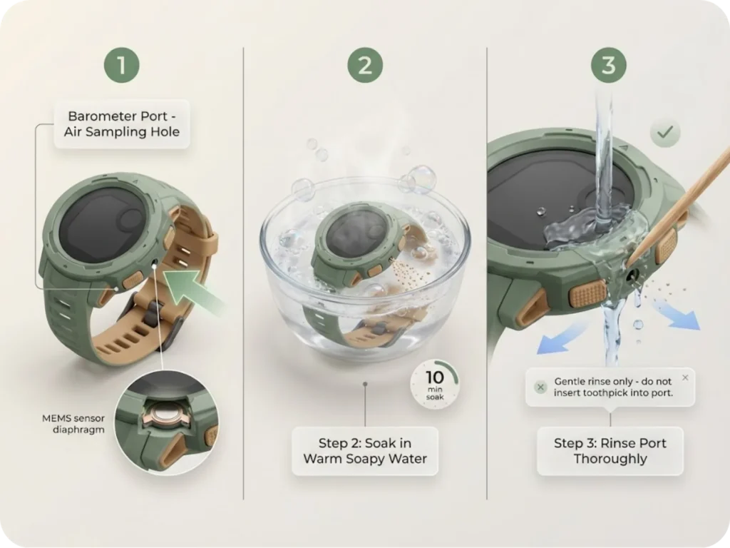 Three-step visual guide showing barometer port location on hiking watch, cleaning in soapy water, and rinsing debris from sensor port.