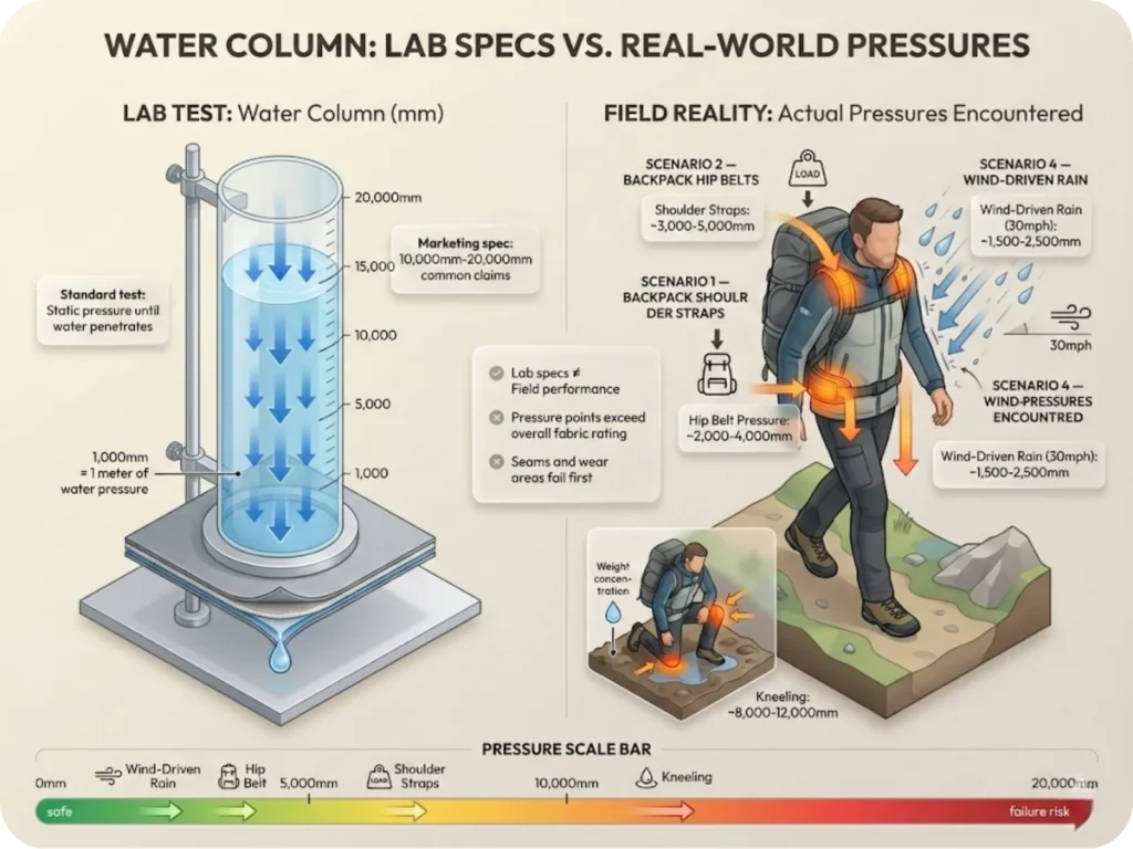 Infographic showing laboratory water column test setup alongside real-world pressure scenarios including backpack straps, kneeling, and wind-driven rain, with millimeter pressure equivalents for each situation.