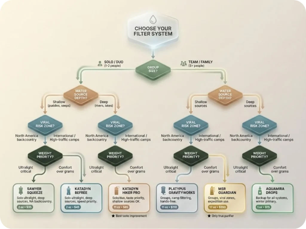 Decision tree flowchart for selecting the right backpacking water filter system based on group size, water source depth, viral risk zone, and weight priority, leading to specific product recommendations.