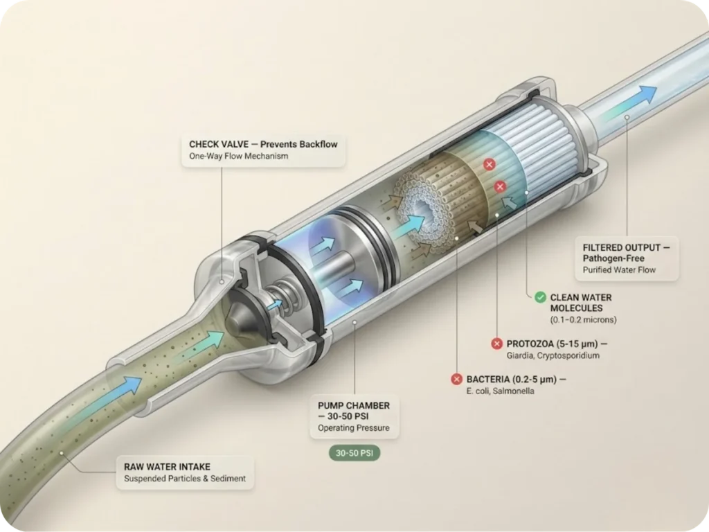 Technical cross-section diagram of a backpacking water filter pump showing the complete flow path from intake hose through check valve, pump chamber, filter element, and clean outlet, with pressure values and pathogen exclusion zone annotations.