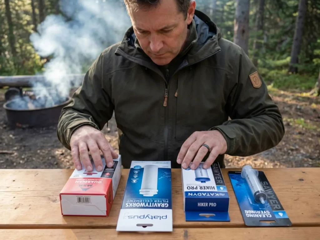 Outdoor guide organizing water filter replacement cartridges and maintenance parts at camp table