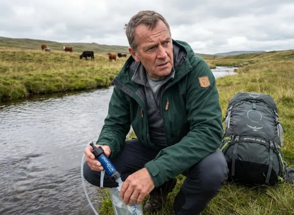 Hiker collecting water from stream in cattle grazing area, assessing Cryptosporidium contamination risk