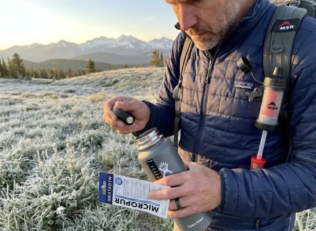 Hiker checking water temperature before chemical treatment in freezing alpine conditions at sunrise