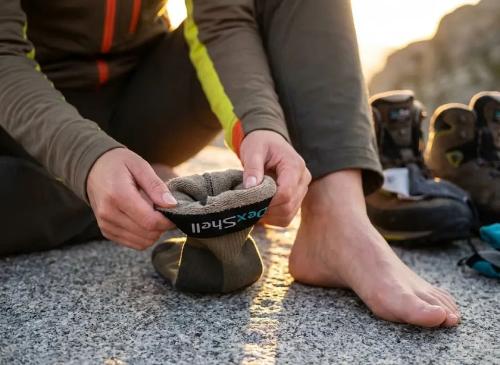 Hiker inspecting the inside of a waterproof hiking sock while sitting on a rock, backlit by golden hour sunlight.