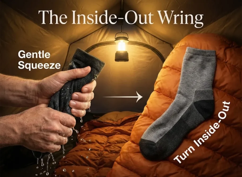 A split-composition visual guide titled 'The Inside-Out Wring.' The left side shows hands gently compressing a wet technical sock to remove water. The right side shows the sock turned inside out to reveal the inner wool layer, resting on a sleeping bag for drying.