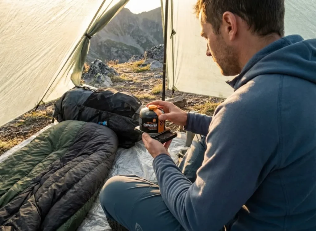 Ultralight hiker weighing canister fuel to calculate remaining meals at camp