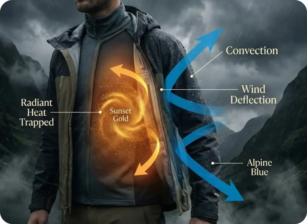 A cinematic cross-section diagram of a hiker wearing a wind shirt in rain, illustrating the wet suit effect where body heat is trapped against the skin while wind is deflected.