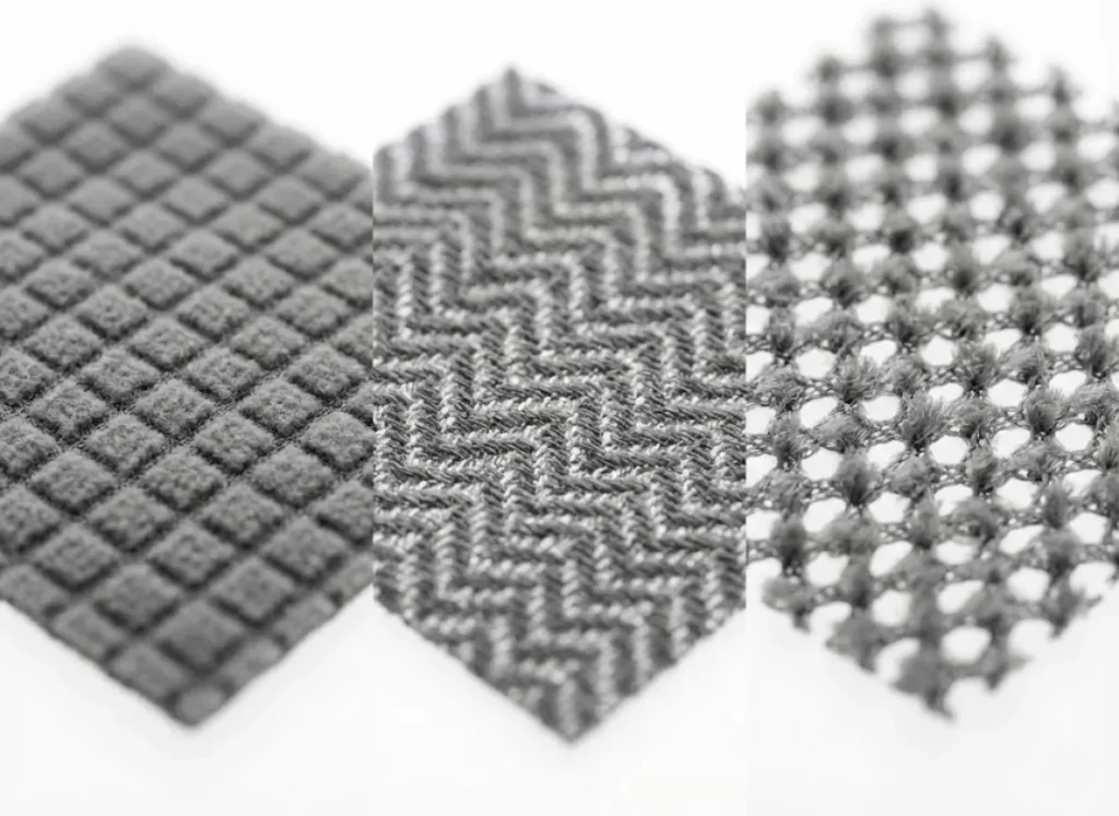 A comparison of three technical fleece textures: classic box grid, zig-zag airflow grid, and open active mesh, showing different densities.