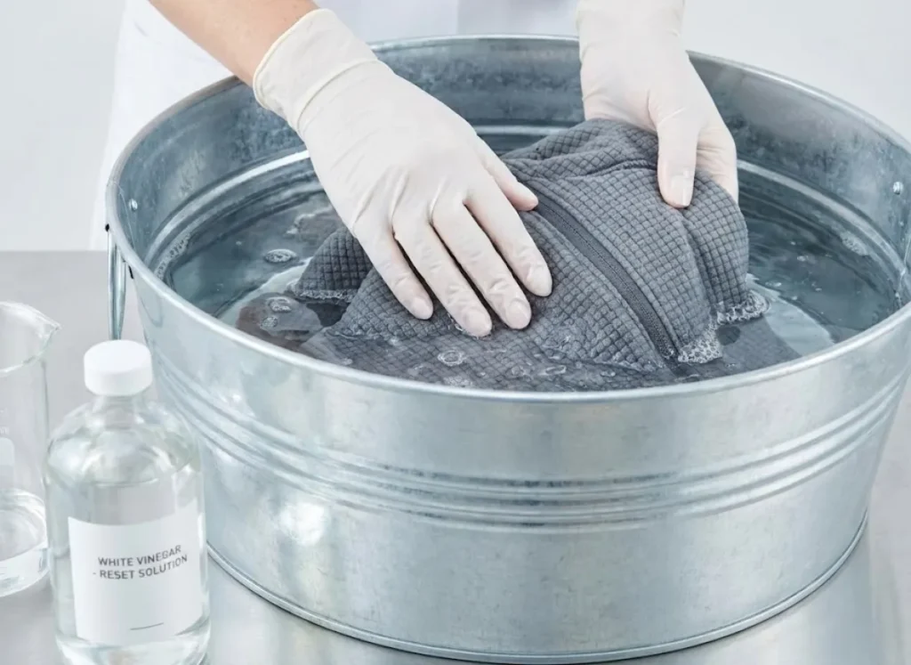 Hands gently washing a technical fleece in a basin of clear water, illustrating the maintenance protocol to remove mineral buildup.