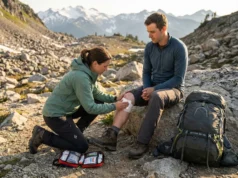 Stuck Miles from Help? Wilderness First Aid That Actually Works Hiker performing wilderness first aid on injured partner in remote alpine setting with first aid kit open