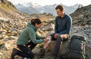 Stuck Miles from Help? Wilderness First Aid That Actually Works Hiker performing wilderness first aid on injured partner in remote alpine setting with first aid kit open