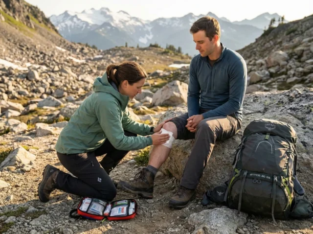 wilderness-first-aid-alpine-injury-treatment Hiker performing wilderness first aid on injured partner in remote alpine setting with first aid kit open