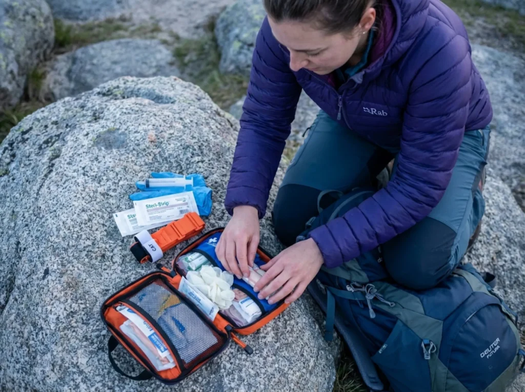 Hiker organizing wilderness first aid kit supplies including tourniquet and wound care on trail