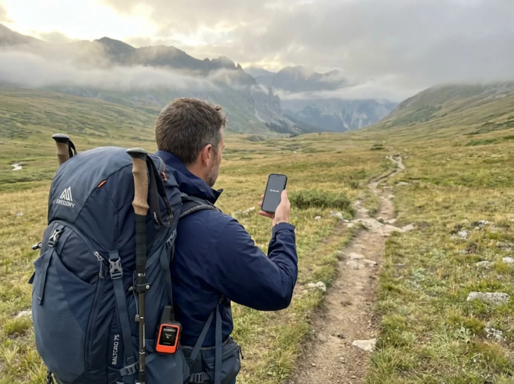 Backpacker checking phone with no service in remote alpine wilderness highlighting isolation