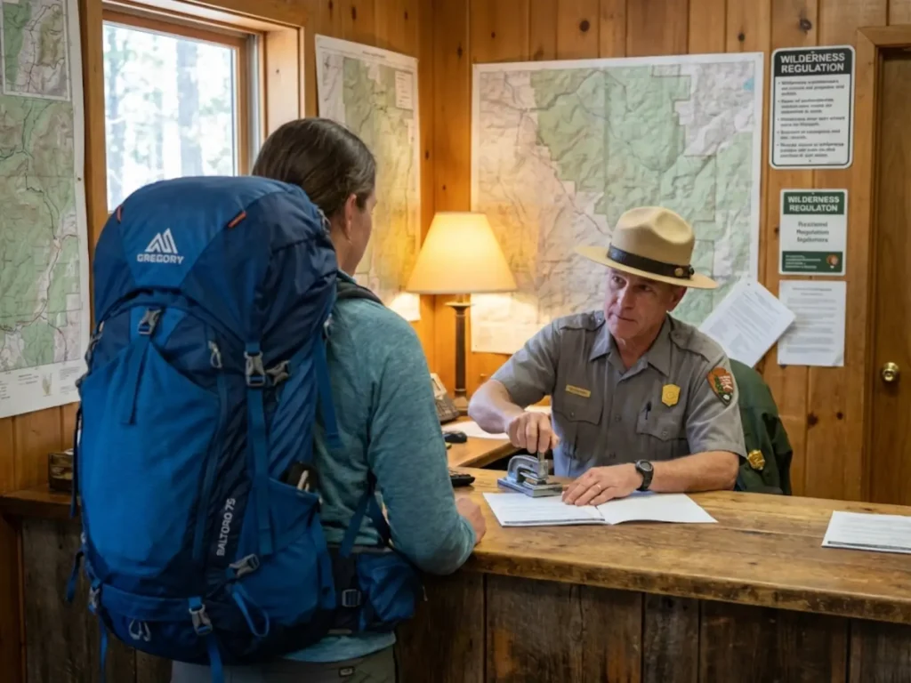 Park ranger issuing wilderness permit at National Park backcountry office counter