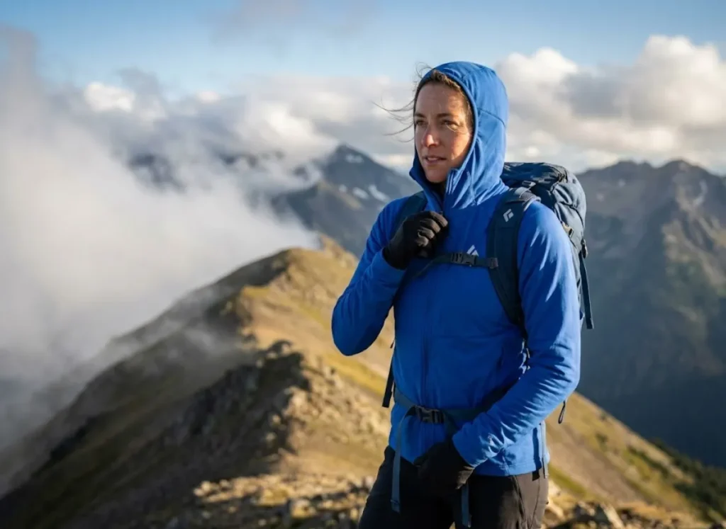 Hiker zipping wind shirt on alpine ridge to prevent hypothermia in cold wind