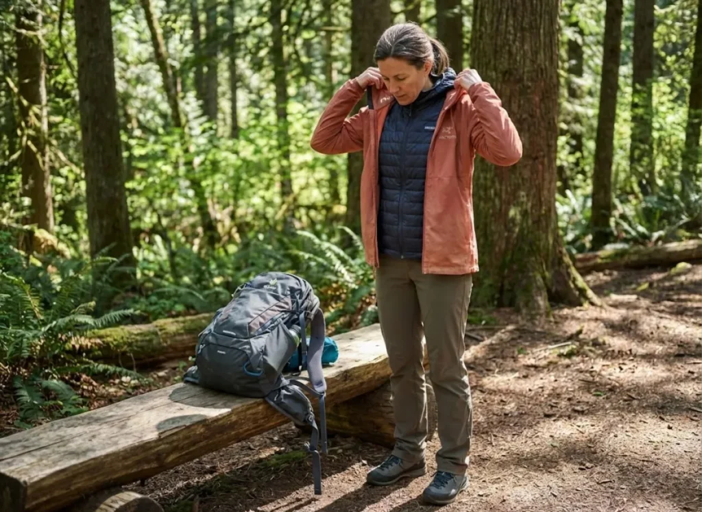 Hiker layering Arc'teryx wind shirt over fleece for cold weather protection system