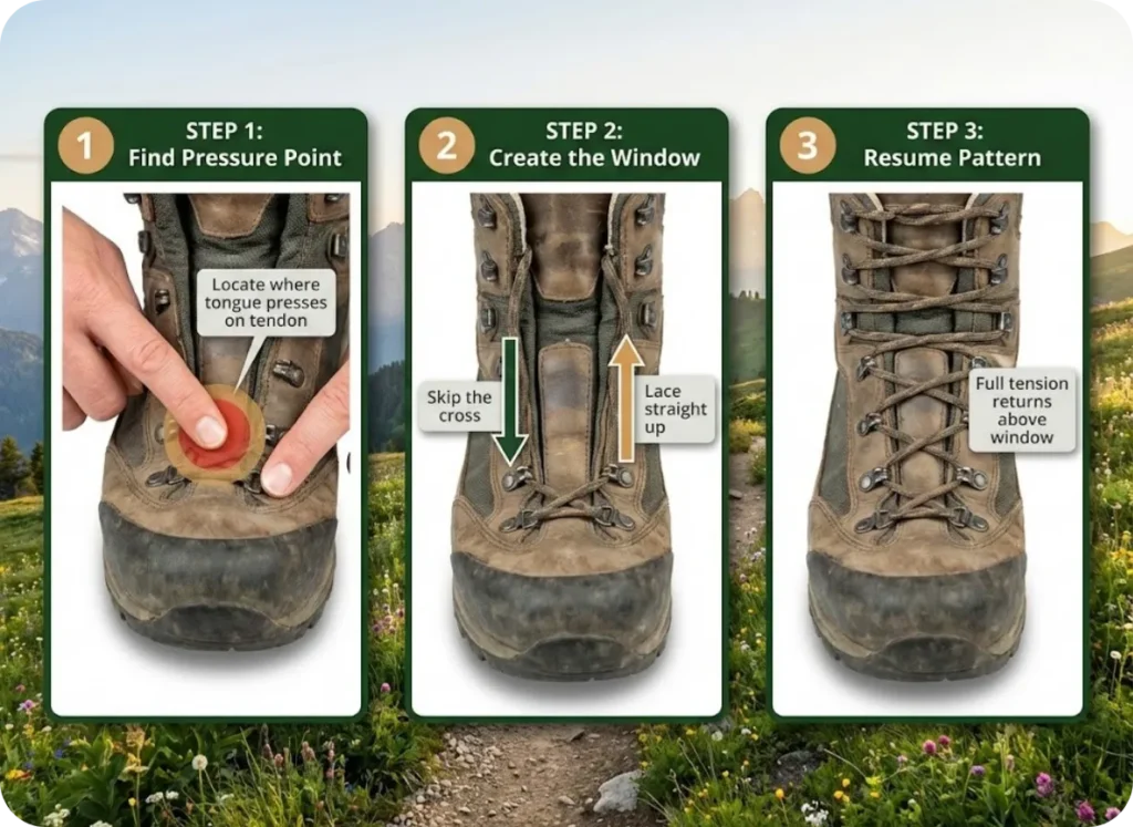 Three-panel instructional photo sequence demonstrating window lacing technique on hiking boots: identifying the pressure point on the instep, creating vertical lacing to form the window, and resuming criss-cross pattern above.