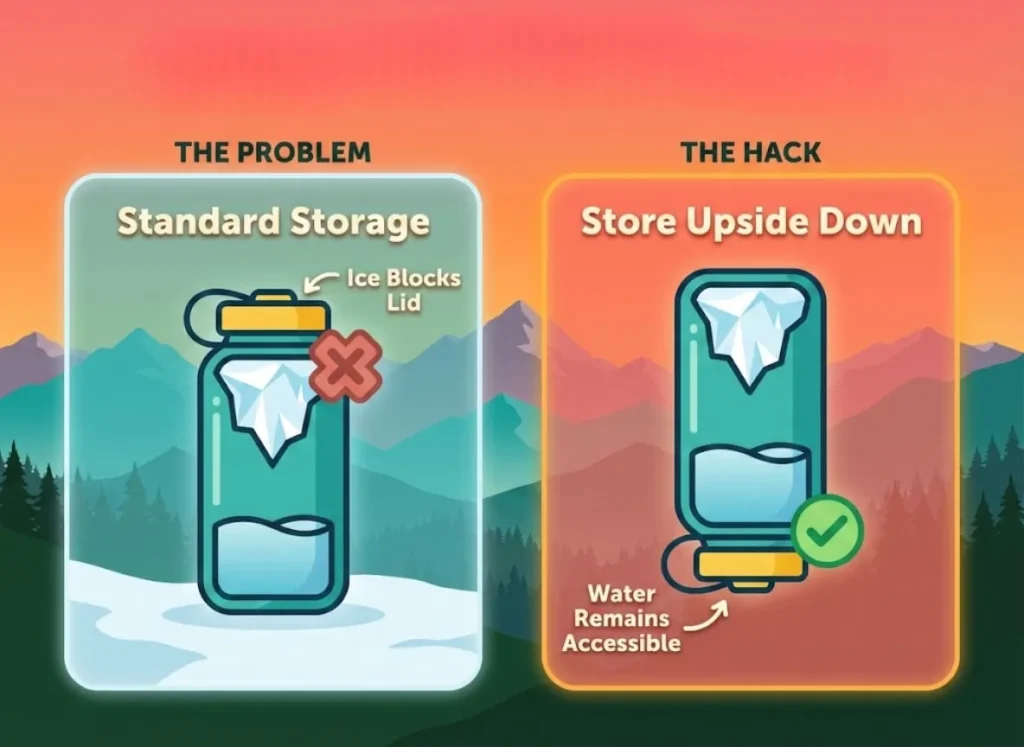 A side-by-side comparison infographic for winter hiking showing two water bottles. The left shows an upright bottle frozen shut, while the right shows an upside-down bottle with the lid accessible, demonstrating a winter survival hack.