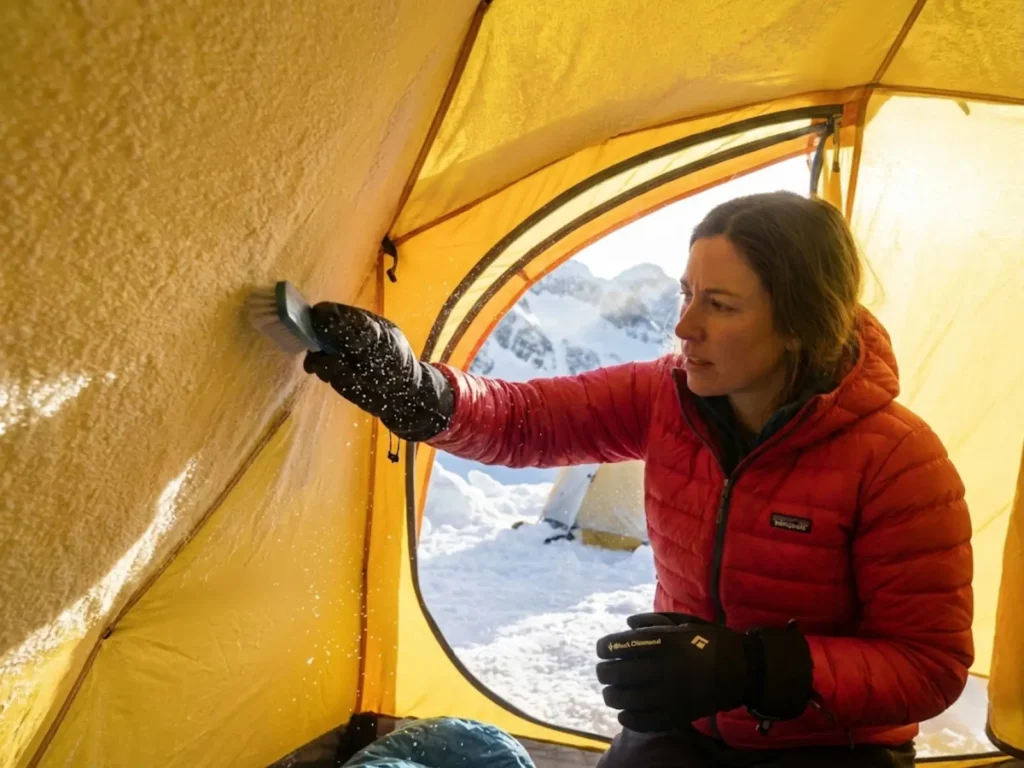 Winter camper brushing frost from tent interior walls at snow-covered mountain campsite