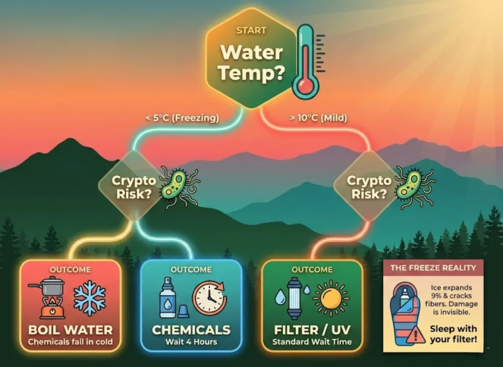 A comprehensive winter hiking flowchart displaying water treatment decisions based on temperature and contamination risk, featuring a warning about hollow fiber filters freezing and illustrated icons of thermometers, snowflakes, and hiking gear.