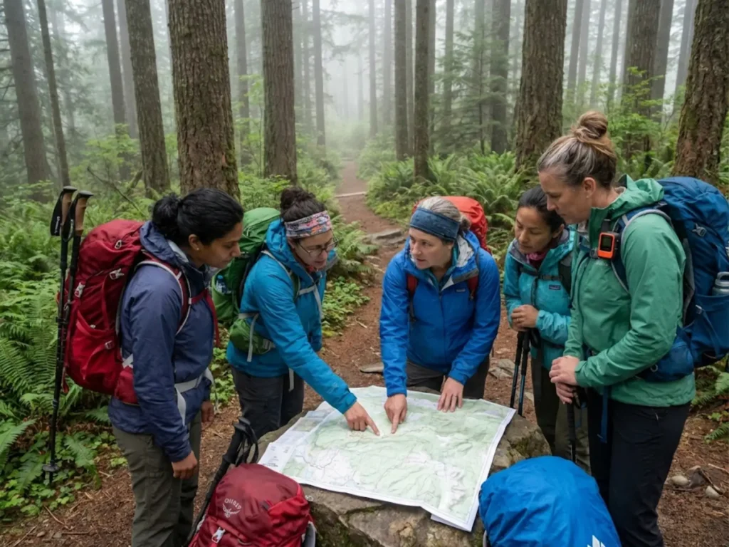 Women hiking group reviewing map together on forest trail with safety gear visible