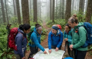 Women Hiking Groups Safety: The 7-Point Vetting Checklist Women hiking group reviewing map together on forest trail with safety gear visible