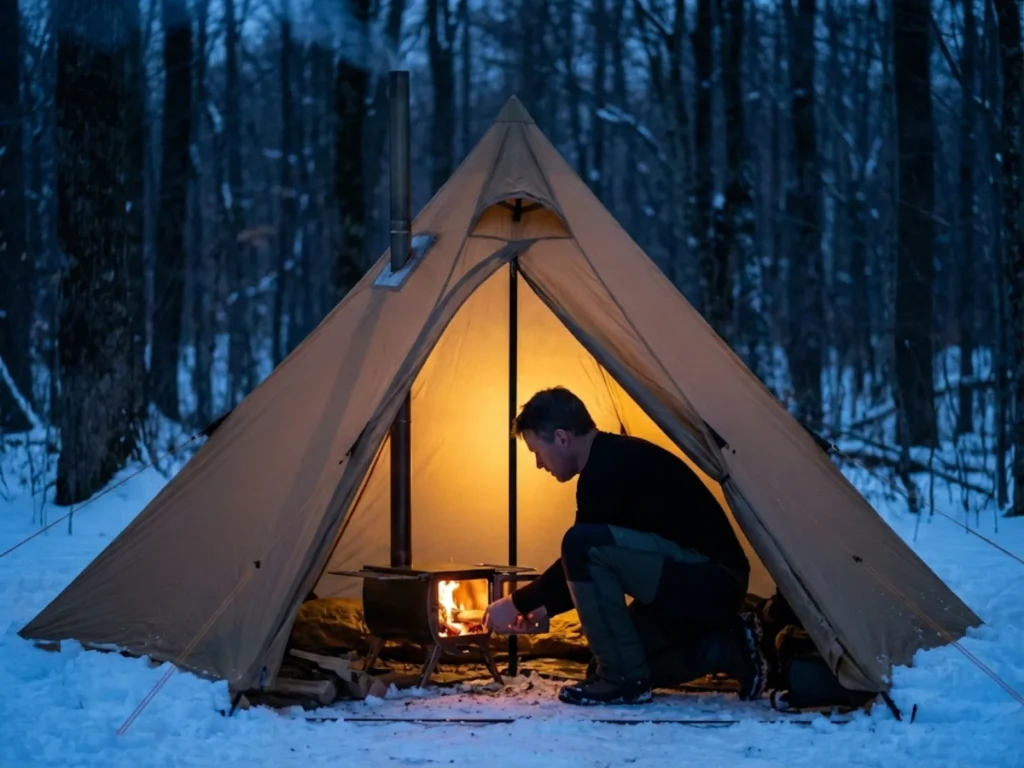 Backpacker using wood stove in pyramid tent for winter condensation control at forest campsite