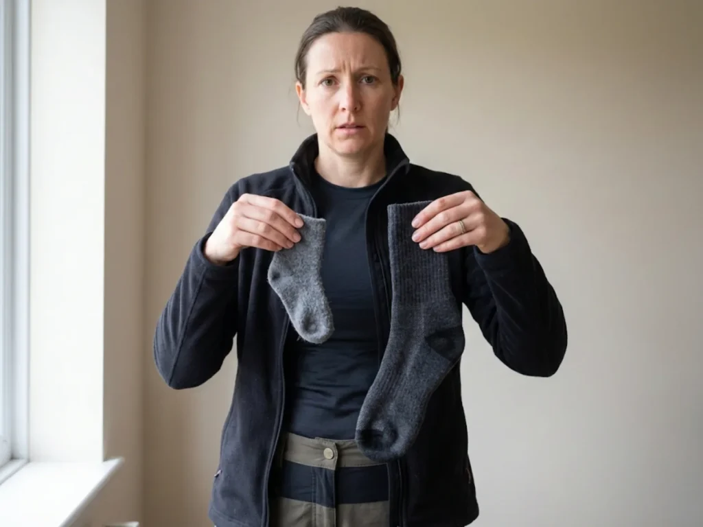 Hiker showing damage from improper wool sock washing shrunken felted sock versus normal size