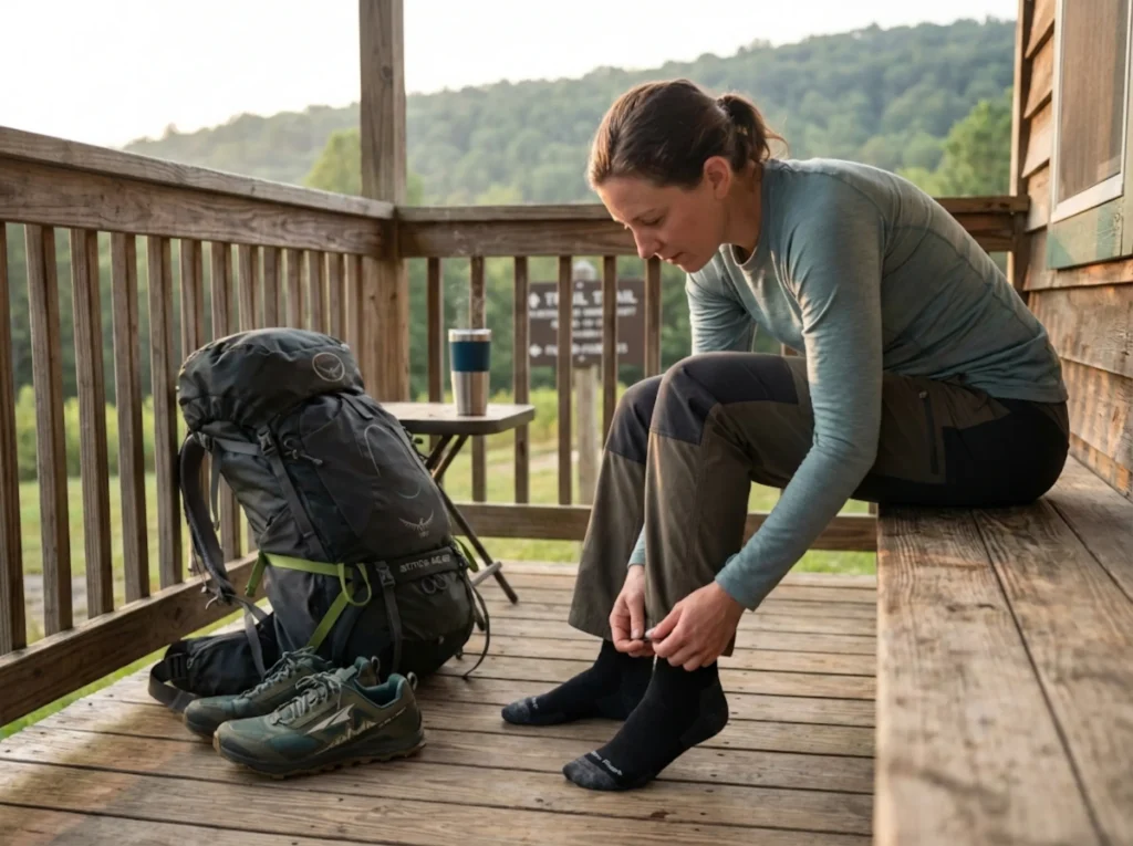 Thru-hiker resting on hostel porch during zero day examining feet with backpack nearby