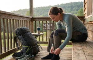 Zero Days on a Thru-Hike: When to Rest and When to Push Thru-hiker resting on hostel porch during zero day examining feet with backpack nearby