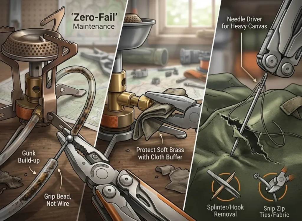 A complex infographic illustration showing three steps of "Zero-Fail" gear maintenance using pliers: gripping a stove fuel cable bead to clear gunk, using a cloth buffer on soft brass fittings, and using a multi-tool as a needle driver to sew heavy canvas and perform first aid tasks. The style is premium vector-realism with warm lighting on a workbench.