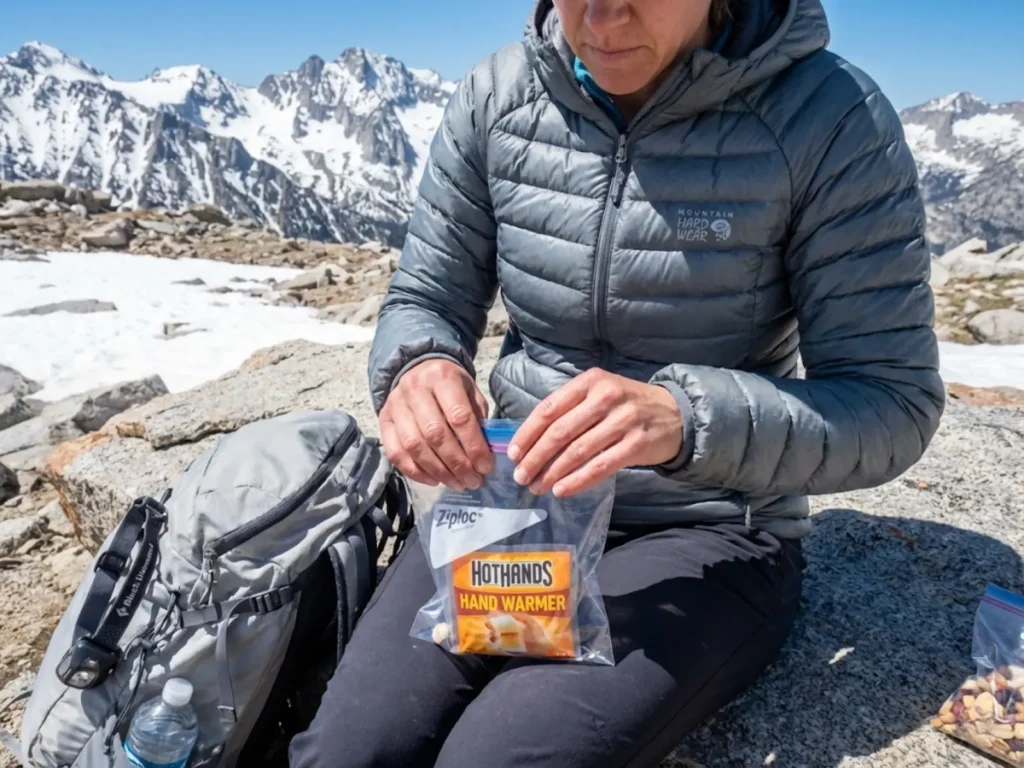 Hiker using Ziploc bag to pause hand warmer chemical reaction during alpine lunch break