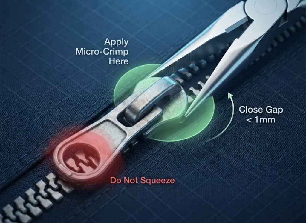 A close-up 3D technical illustration of a metal zipper slider being repaired with needle-nose pliers. The image highlights the back corners of the slider as the correct area to apply pressure, with warning indicators on the nose and pull-tab to avoid crushing.