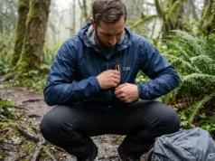 Packable vs Ultralight Rain Jacket Which Wins Hiker stuffing an ultralight rain jacket into its own pocket on a wet Olympic Peninsula trail