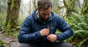 Packable vs Ultralight Rain Jacket Which Wins Hiker stuffing an ultralight rain jacket into its own pocket on a wet Olympic Peninsula trail
