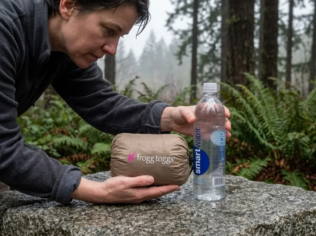 Packable rain jacket compressed to fist size held in one hand beside a water bottle for scale