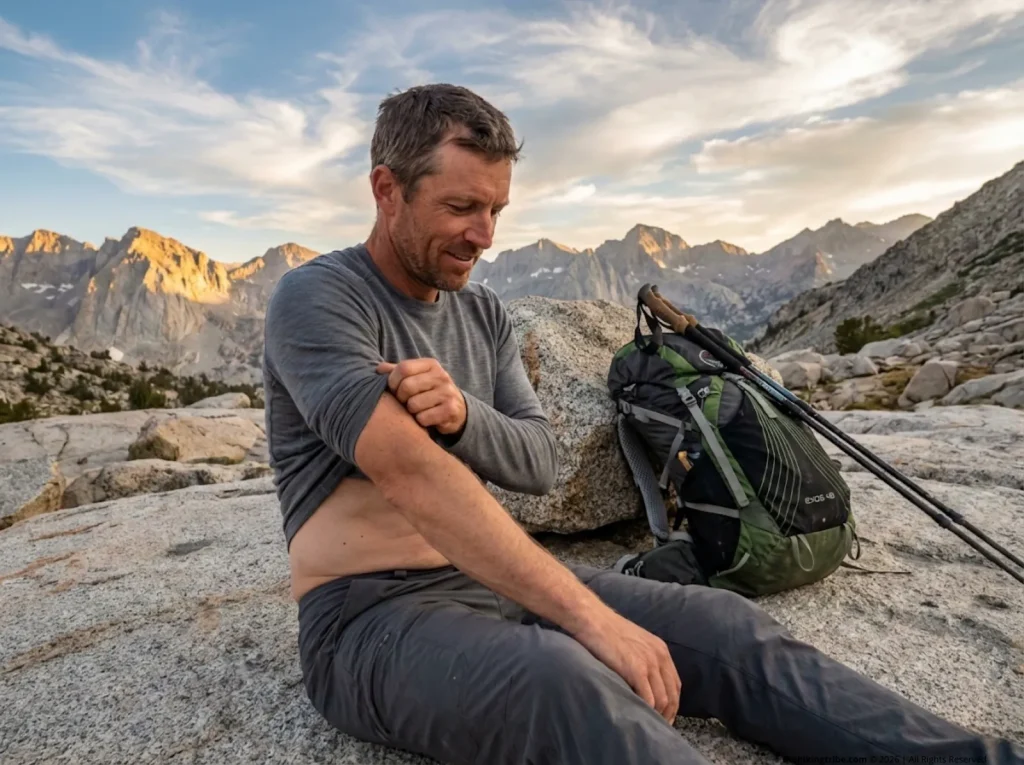 Hiker checking for chafing after 200-mile Sierra test in Icebreaker merino snug base layer at alpine camp