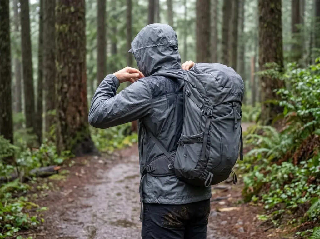 Hiker in a rain jacket with water beading unevenly on the shoulders where pack straps wore the DWR