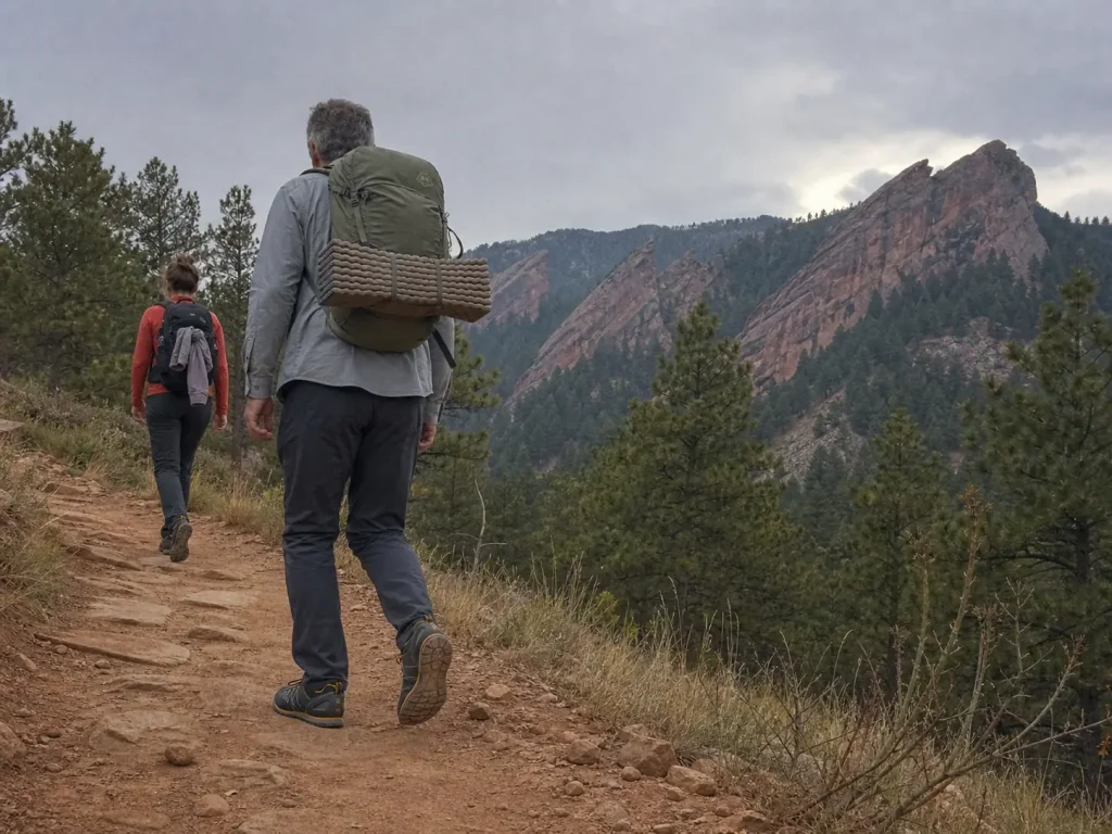 Two hikers walking the trail out below the Flatirons in the same approach shoes they scrambled in