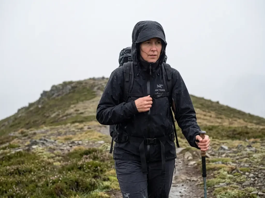 Hiker in a three-layer rain jacket with pit zips open on an exposed Olympic Peninsula ridge in steady rain