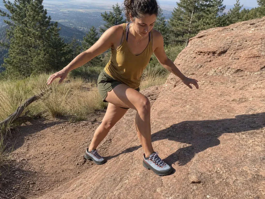 Beginner scrambler testing grip on a low Flatirons slab in approach shoes before committing