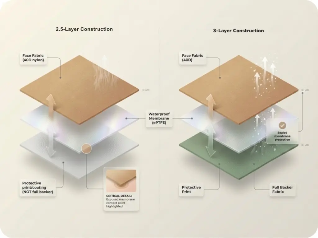 Technical cross-section comparison of 2.5-layer and 3-layer waterproof fabric construction showing membrane exposure differences and component layers.