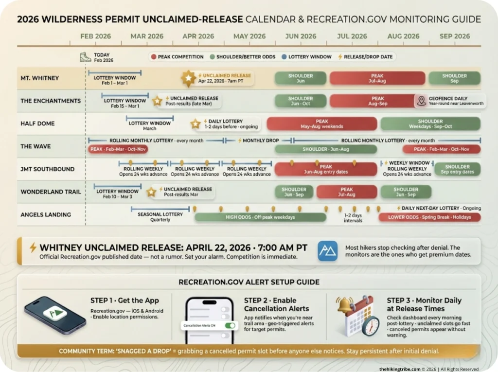 2026 calendar timeline infographic showing unclaimed permit release dates for major wilderness trails with Recreation.gov cancellation alert setup instructions, peak competition dates in red and shoulder dates in green.