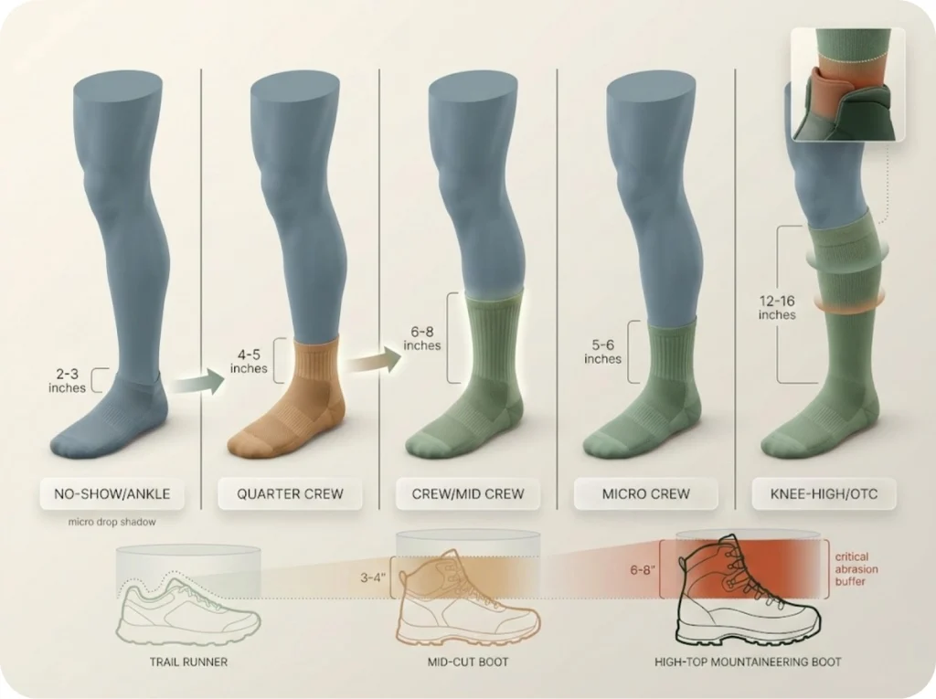 Comparative diagram showing five hiking sock heights on leg with measurement lines and abrasion buffer zones for different boot types.