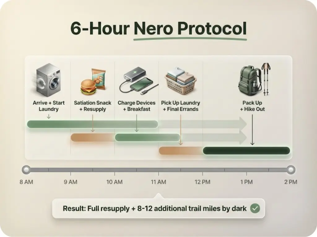 Hour-by-hour timeline showing the efficient 6-hour nero protocol from arrival to departure with multitasking task bars.