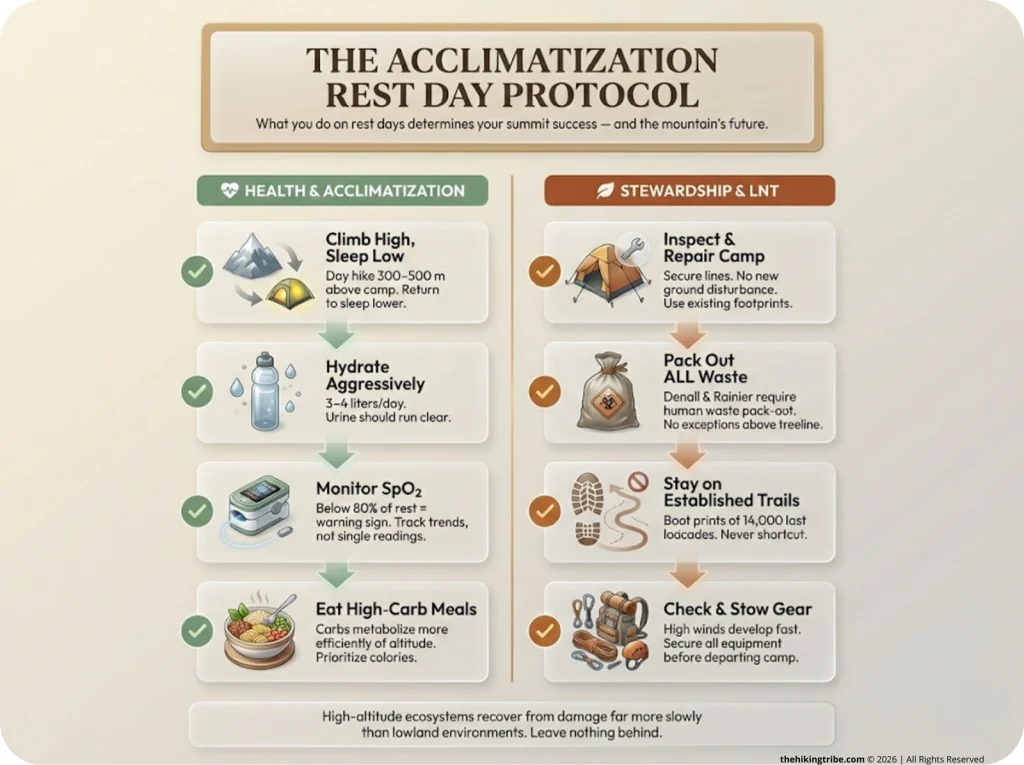 Two-column checklist infographic showing Rest Day Protocol: health tasks (SpO₂ monitoring, hydration, carbs, climb-high hike) and stewardship tasks (waste pack-out, trail repair, camp inspection, gear check).
