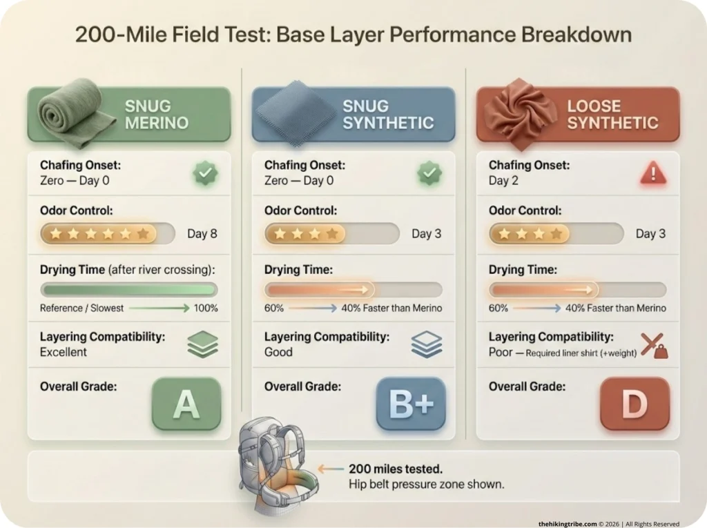 Side-by-side comparison infographic rating Snug Merino, Snug Synthetic, and Loose Synthetic base layers across chafing, odor, drying time, and compatibility.