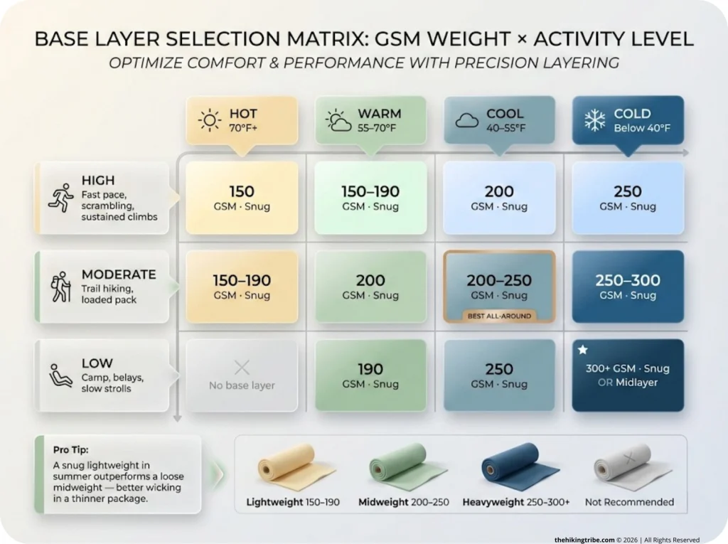 Color-coded decision matrix showing recommended base layer GSM weight and fit type by temperature range and activity level for hikers.